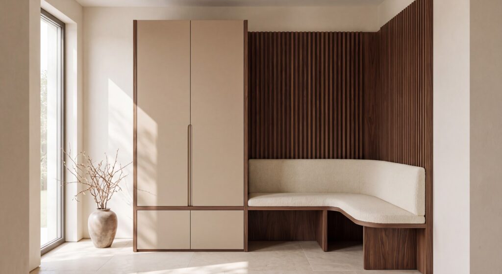 Meuble d'entrée sur mesure Maestro, portes encadrées de noyer et banquette d'angle