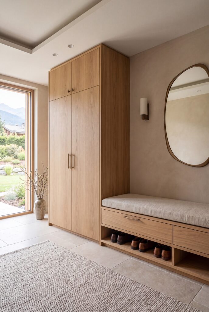 Meuble d'entrée sur mesure Soren, chêne clair toute hauteur et banc à tiroir